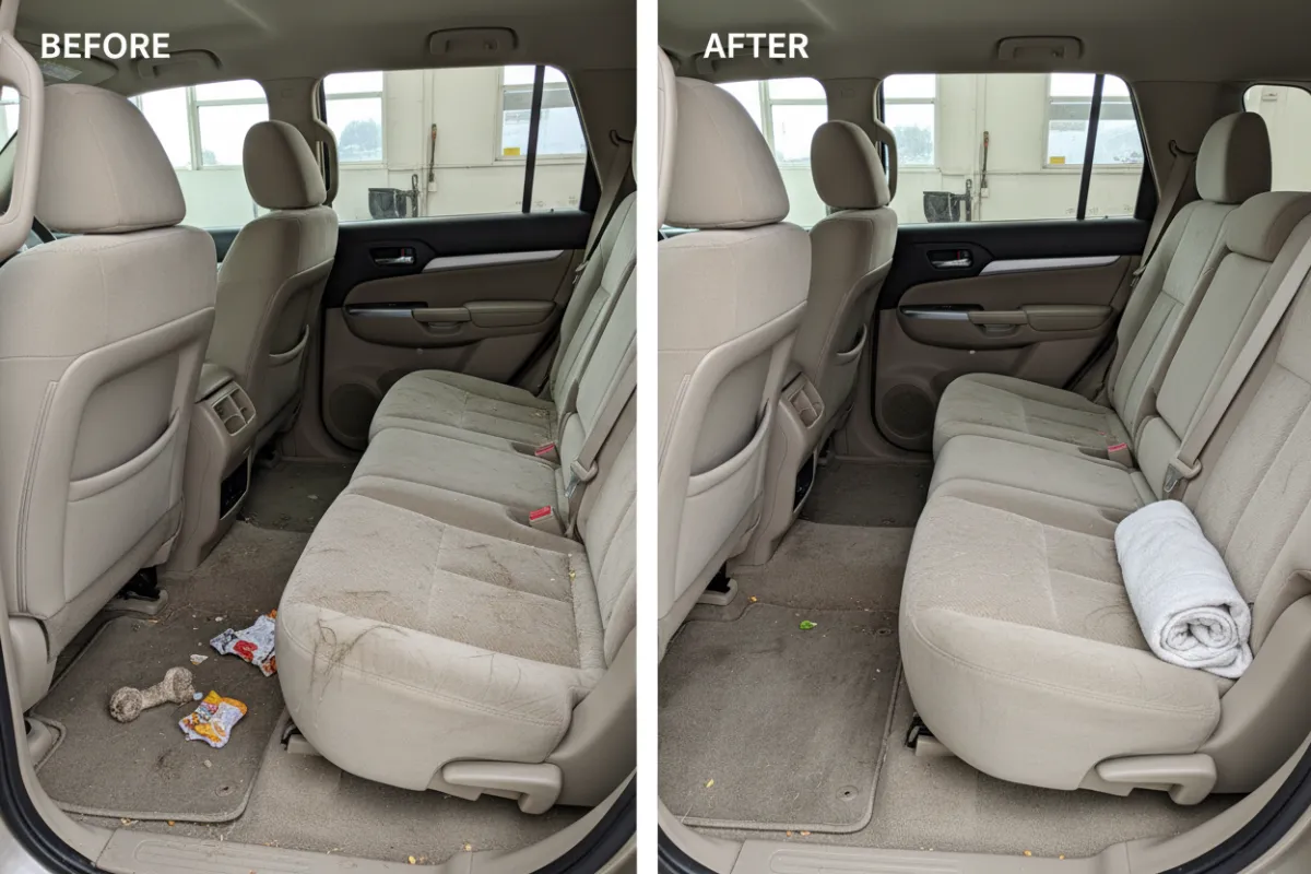 Family SUV interior deep clean before-and-after with spotless carpet and refreshed fabric.