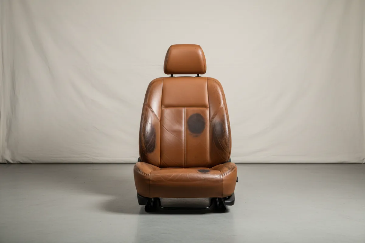 Interior leather seat restoration before-and-after with conditioned, restored leather.