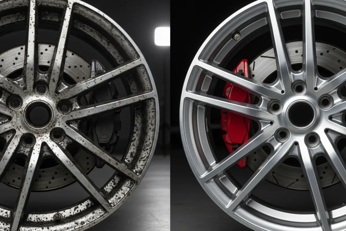 Wheel and brake detail close-up before-and-after with fully decontaminated polished alloy.
