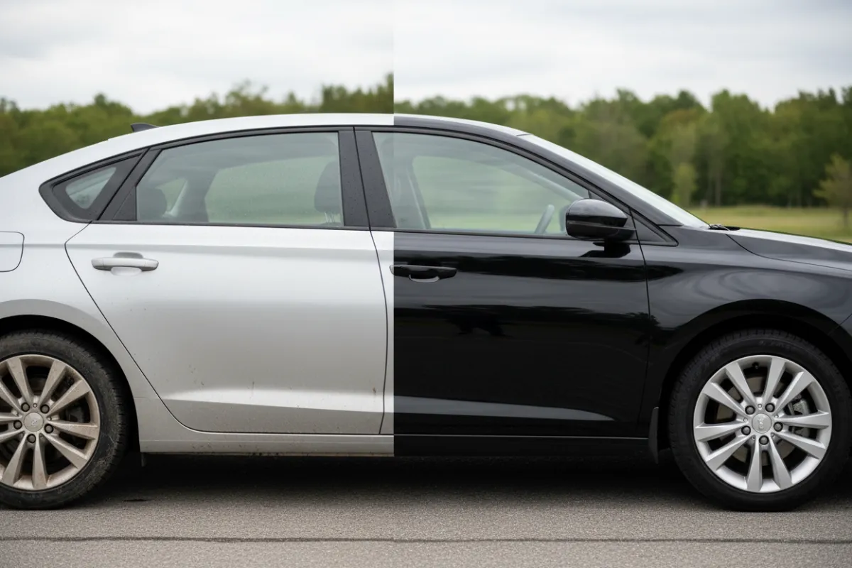2019 sedan exterior detail before-and-after with polished glossy sealant finish.