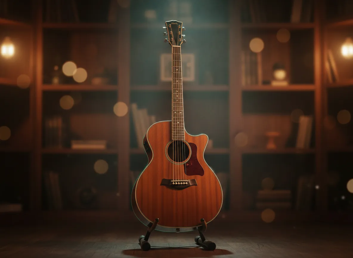 Close up of an acoustic guitar resting on a stand in a warm studio environment