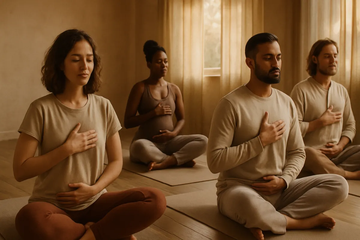 Course cover showing a group practicing gentle breathwork in a softly lit studio