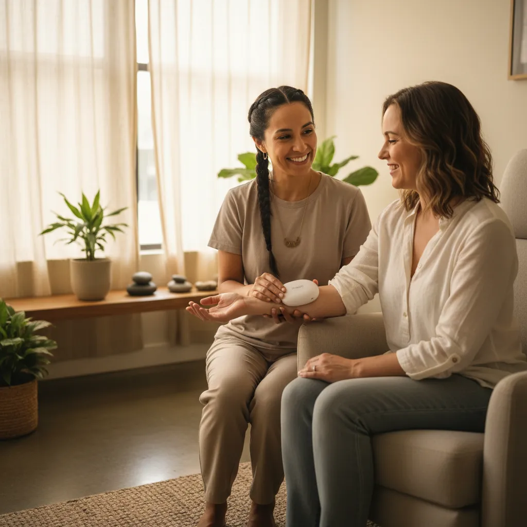 A Latin American acupuncturist in a tranquil clinic, gently applying the Healy device to a client’s wrist, both smiling, with soft natural light and calming decor, illustrating authentic integration into a real session.