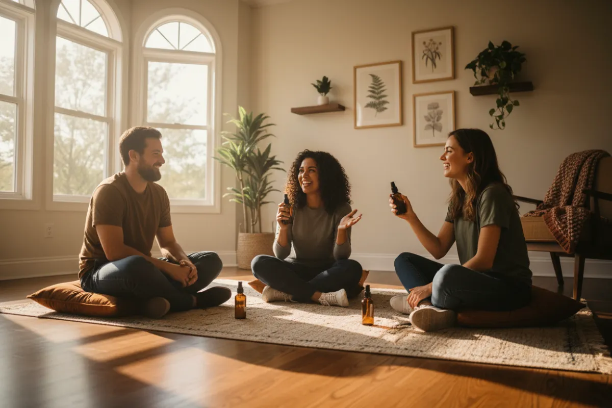 Wide landscape photo of a small community circle in a bright cozy room, three people holding sprays and smiling as they share experiences—natural, candid, warm tone to emphasize belonging and support.