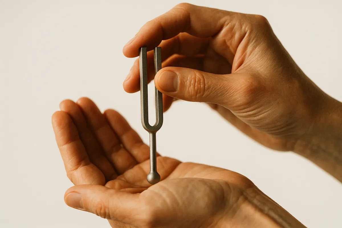 Course cover with hands holding a tuning fork under soft light