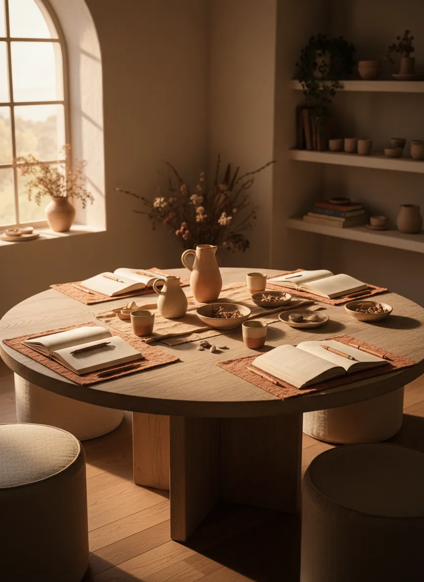 A warm, intimate workshop table setup with natural light and organic textures.