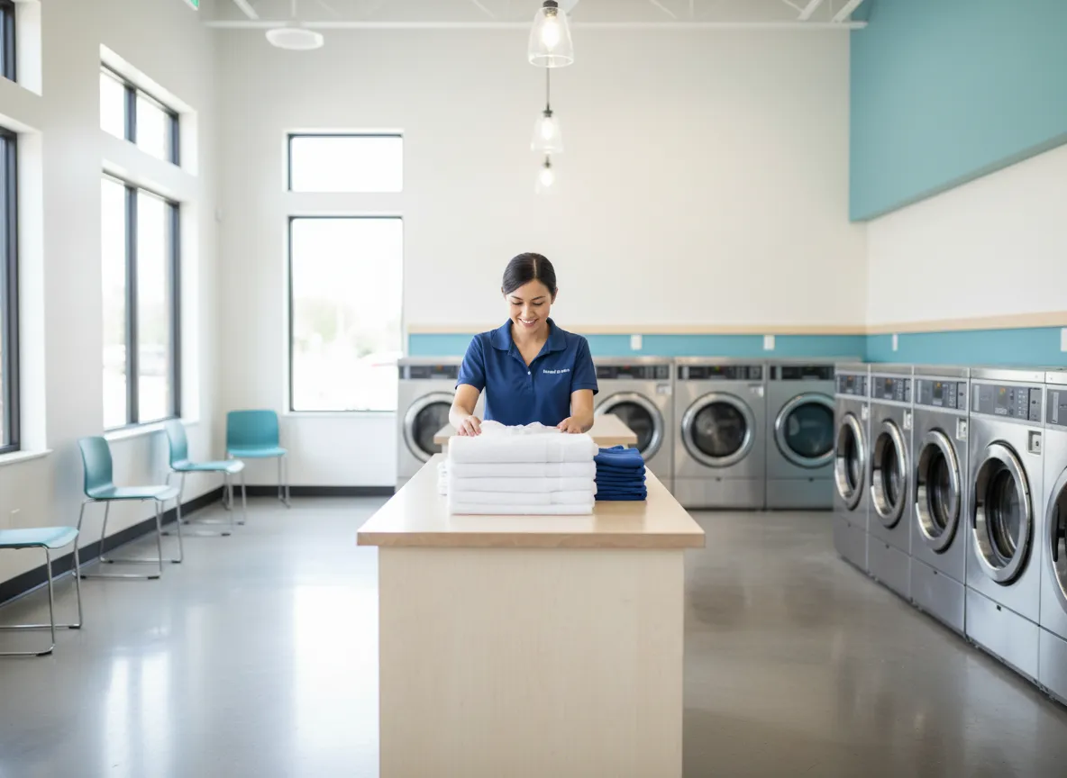 Neatly folded laundry stacked in a bright, clean laundromat