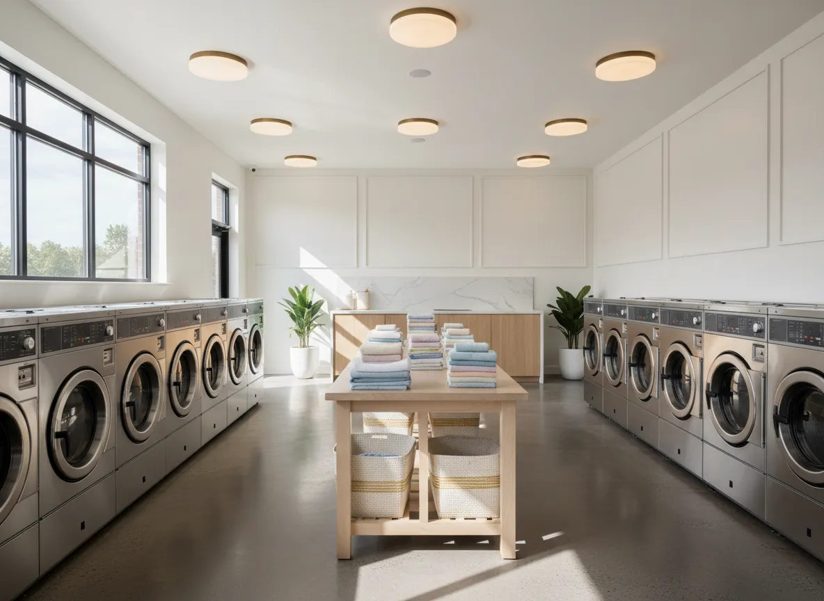 Clean, bright Fremont Wash & Fold Laundry interior with machines and folding table