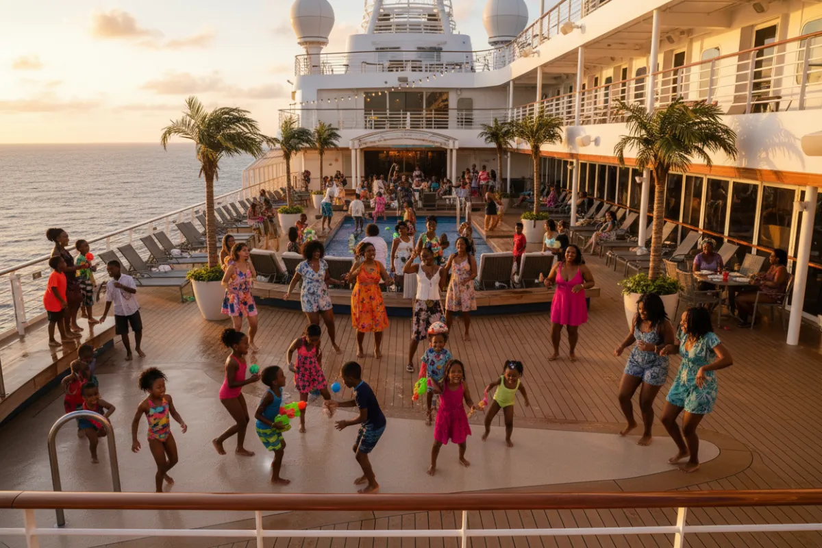 Photorealistic, dynamic scene of a luxury cruise ship at golden hour with African American families laughing, children playing, adults dancing, and groups interacting on the sunlit deck; candid, energetic, wide-angle deck-level view, no text overlays.