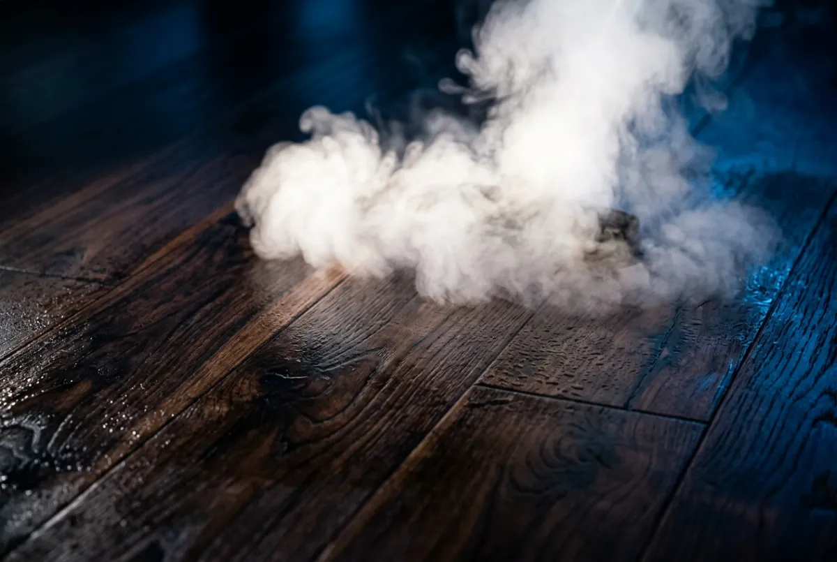 Clinical macro view of pristine sealed hardwood floor sanitized by dry vapor steam