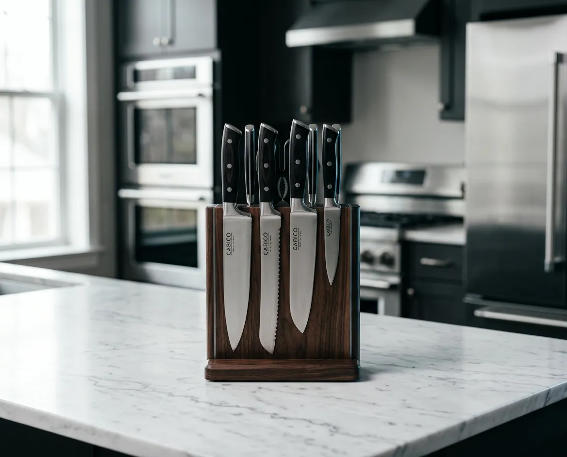 Carico professional knife block set positioned on a modern kitchen countertop