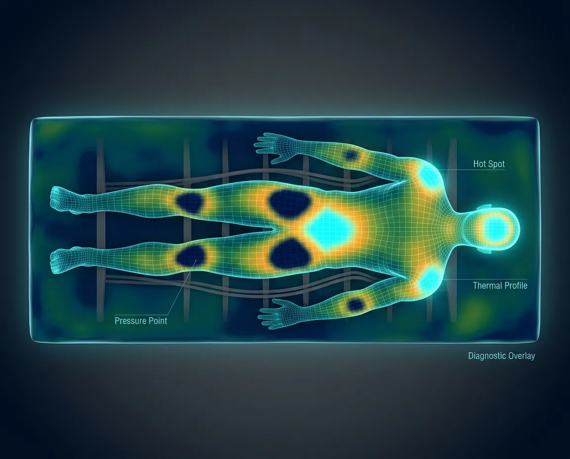 Clinical pressure mapping and thermal distribution scan of body resting on an unsupportive conventional mattress