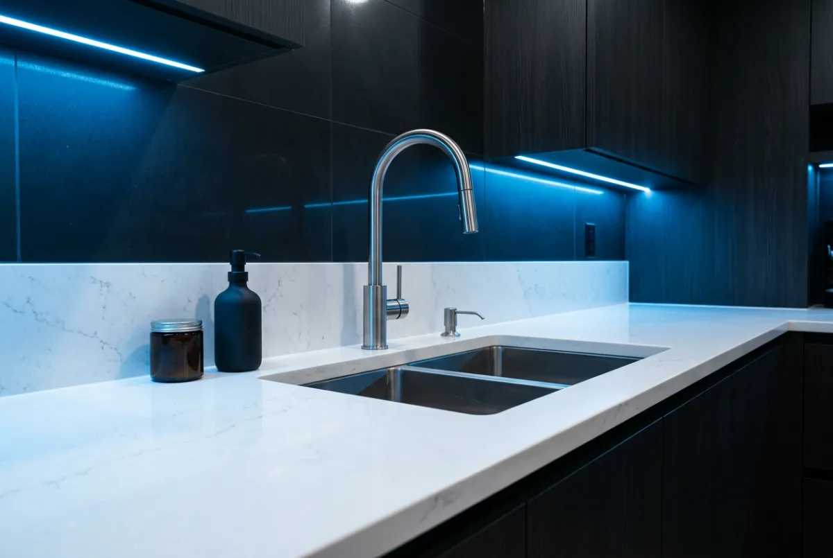 Clinical macro view of stainless steel kitchen surfaces and induction cooktop free of grease