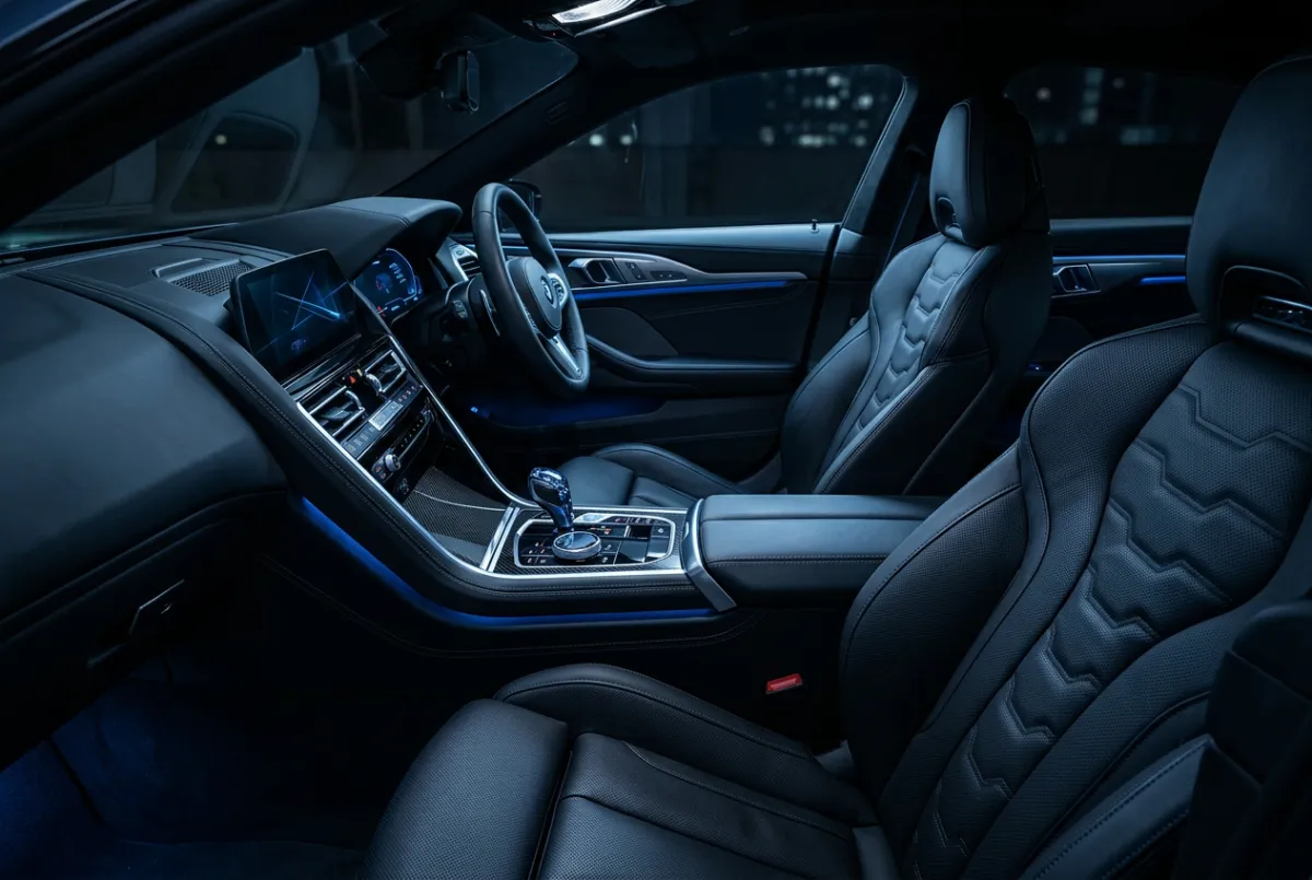 Clinical macro view of perforated leather seats and automotive dashboard