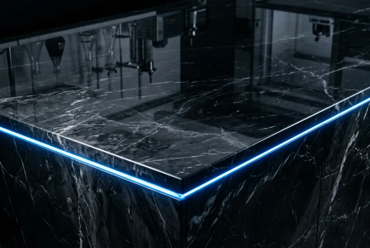 Clinical macro view of polished marble countertop showing high reflection purity