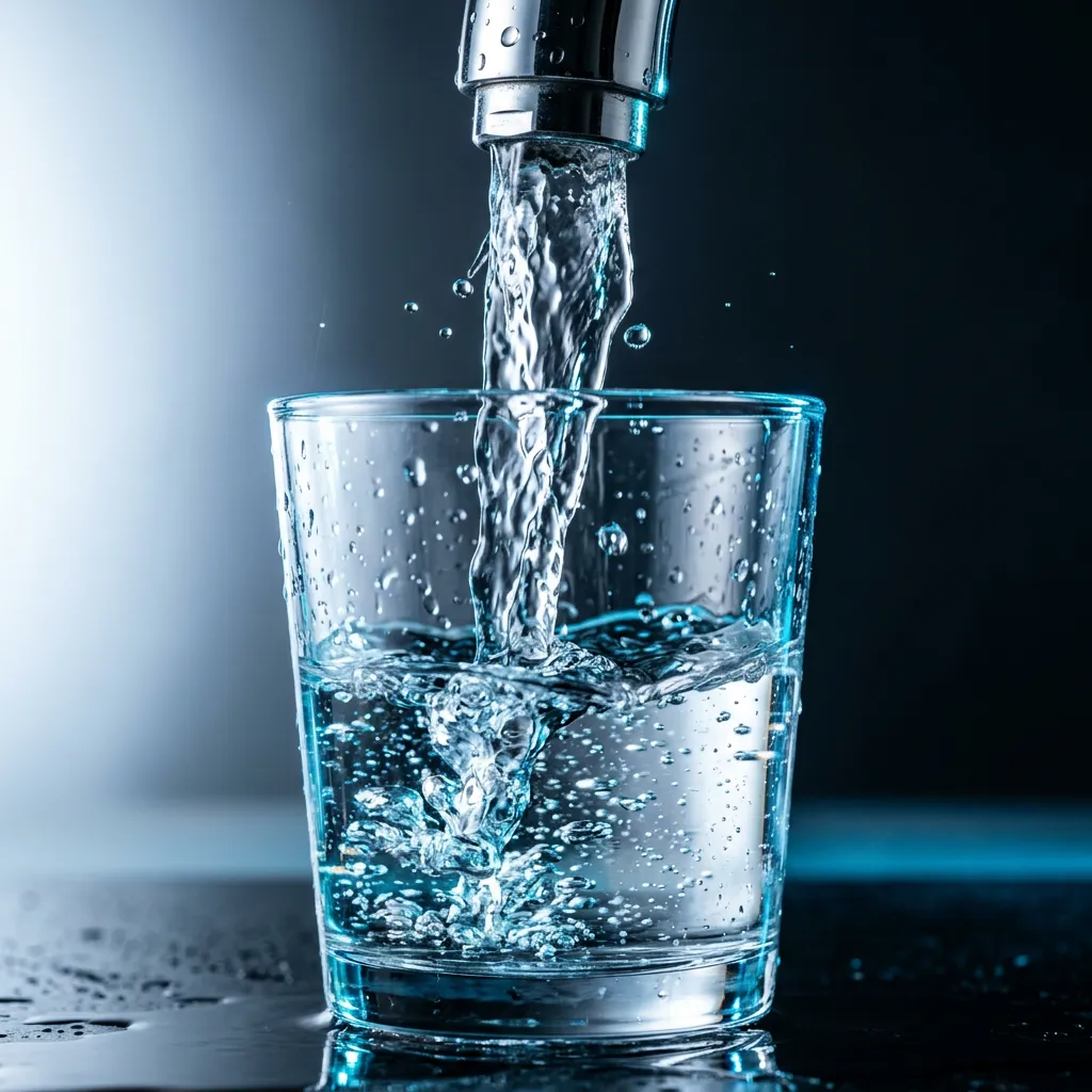 Ultra-pure drinking water pouring smoothly into a crystal clear glass