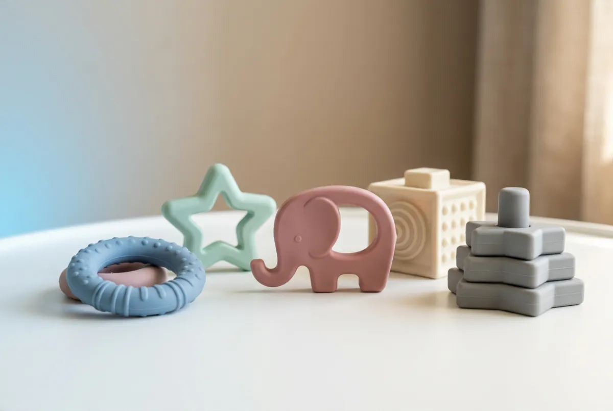 Clinical macro view of sterilized children playroom surfaces and silicone toys