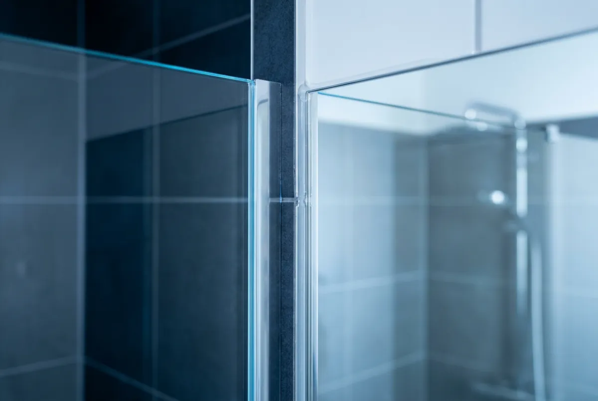 Clinical macro view of streak-free glass shower enclosure and crystal clean mirrors