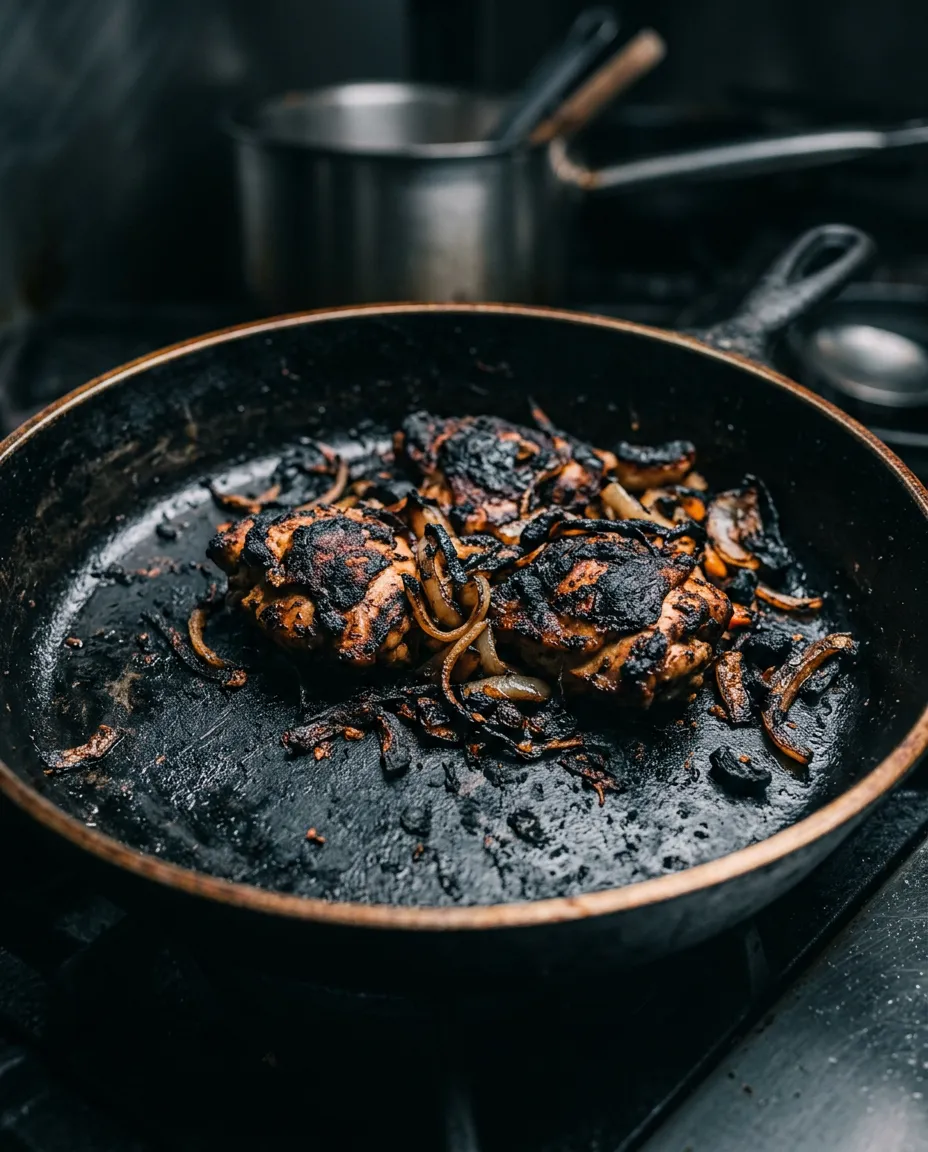 Close-up of scorched culinary dish with uneven searing caused by inferior cookware heat distribution