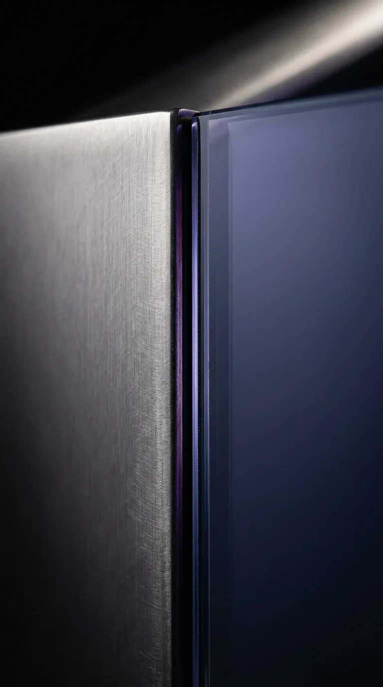 Architectural precision detail of surgical stainless steel and immaculate domestic glass surface