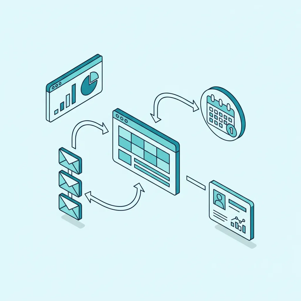Isometric diagram showing Atlas Growth's integrated website system flowing to booking calendar, lead capture, CRM, automated follow-ups, and a performance dashboard.