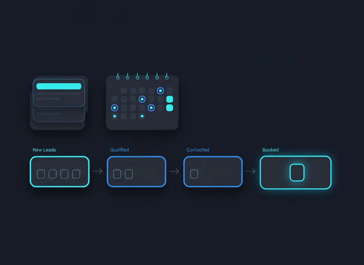 Organized dashboard view with unified inbox, calendar, and status cards showing leads moving from new to booked.