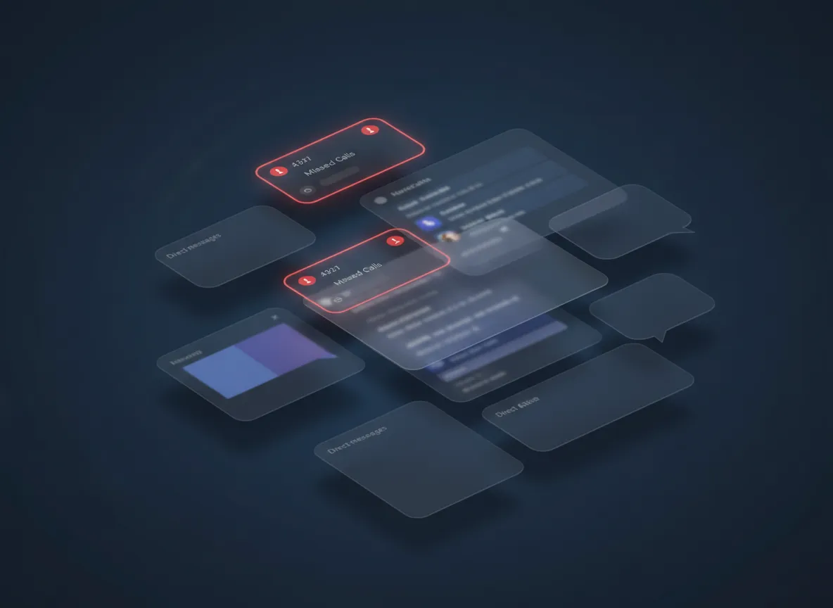 Clustered notifications: missed calls, unread DMs, fragmented email threads and task badges overlapping on a dark interface.