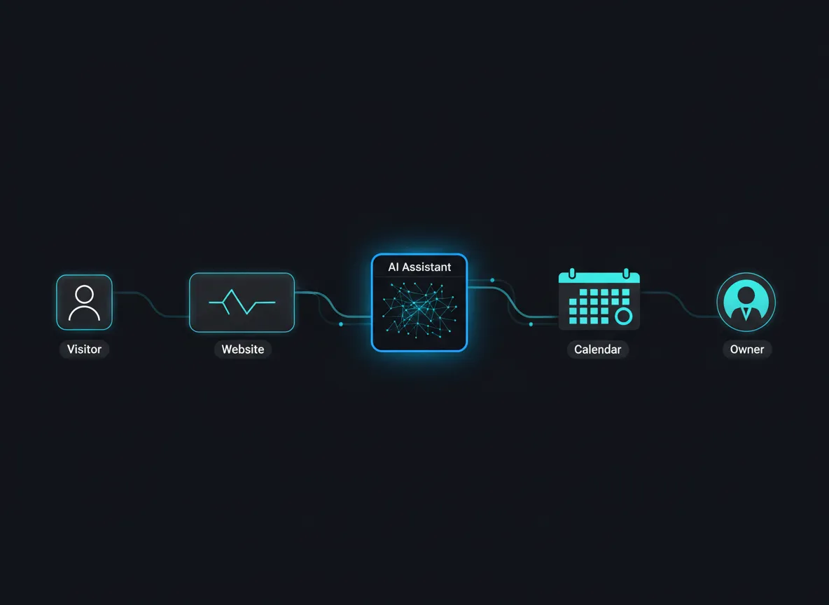 Abstract flow diagram: Visitor → Website → AI → Calendar → Business Owner, with soft cyan/blue lines and subtle motion indicators.