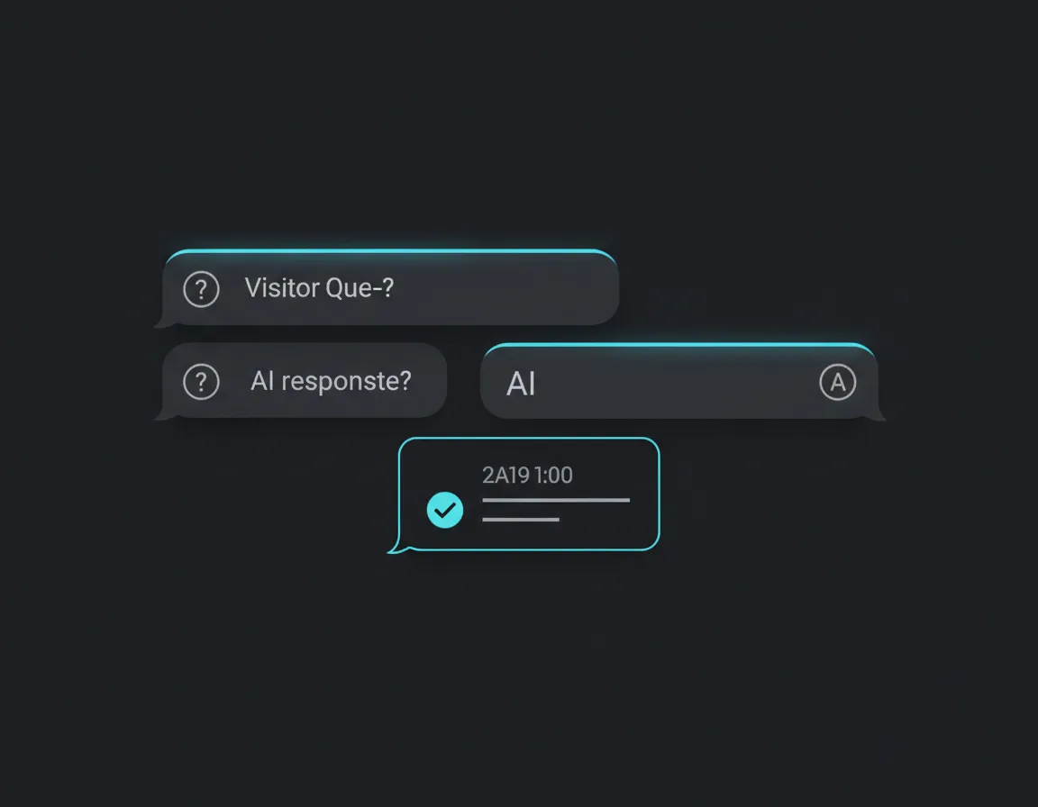 Chat widget conversation showing questions asked and appointment booked, next to a subtle voice waveform strip.