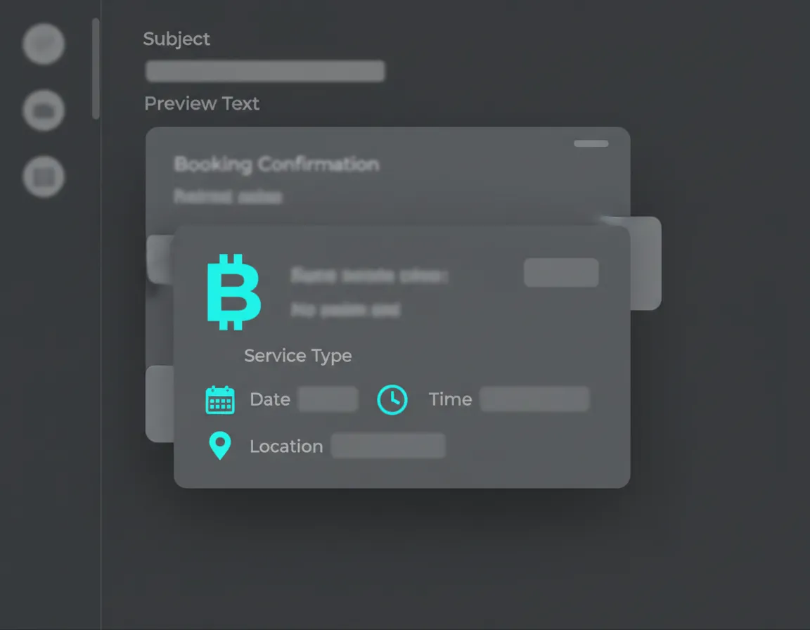 Email preview with clear booking details: customer name, service, time, and location.
