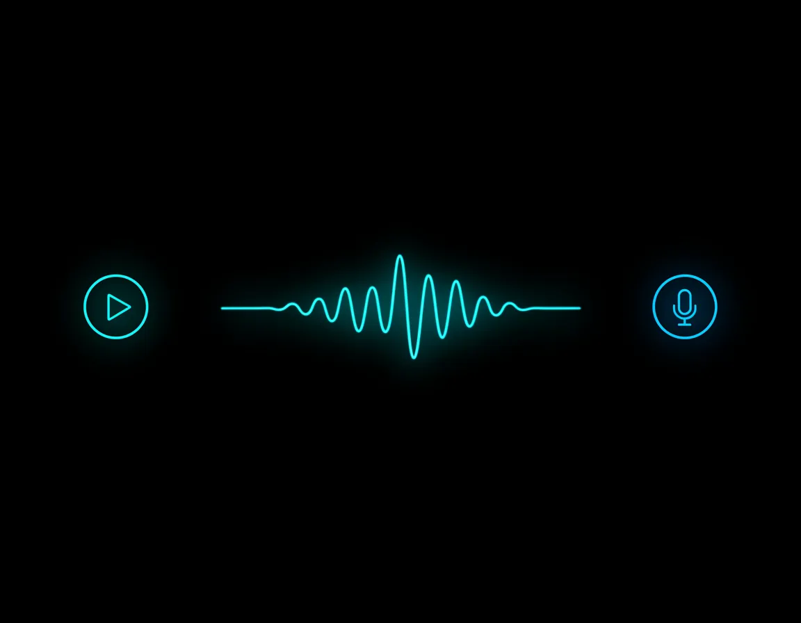 Horizontal voice assistant waveform with glowing cyan lines indicating live response.