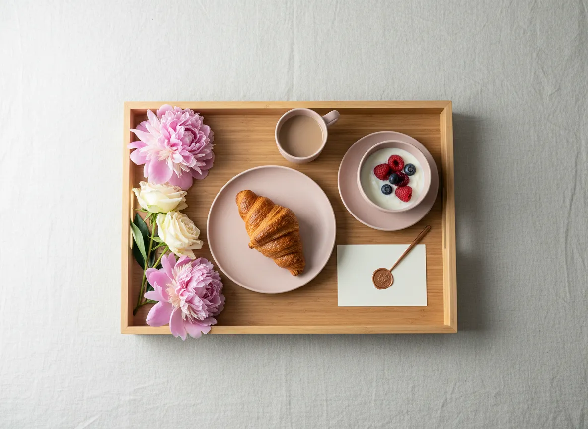 Desayuno sorpresa en tonos pastel con flores y bandeja moderna