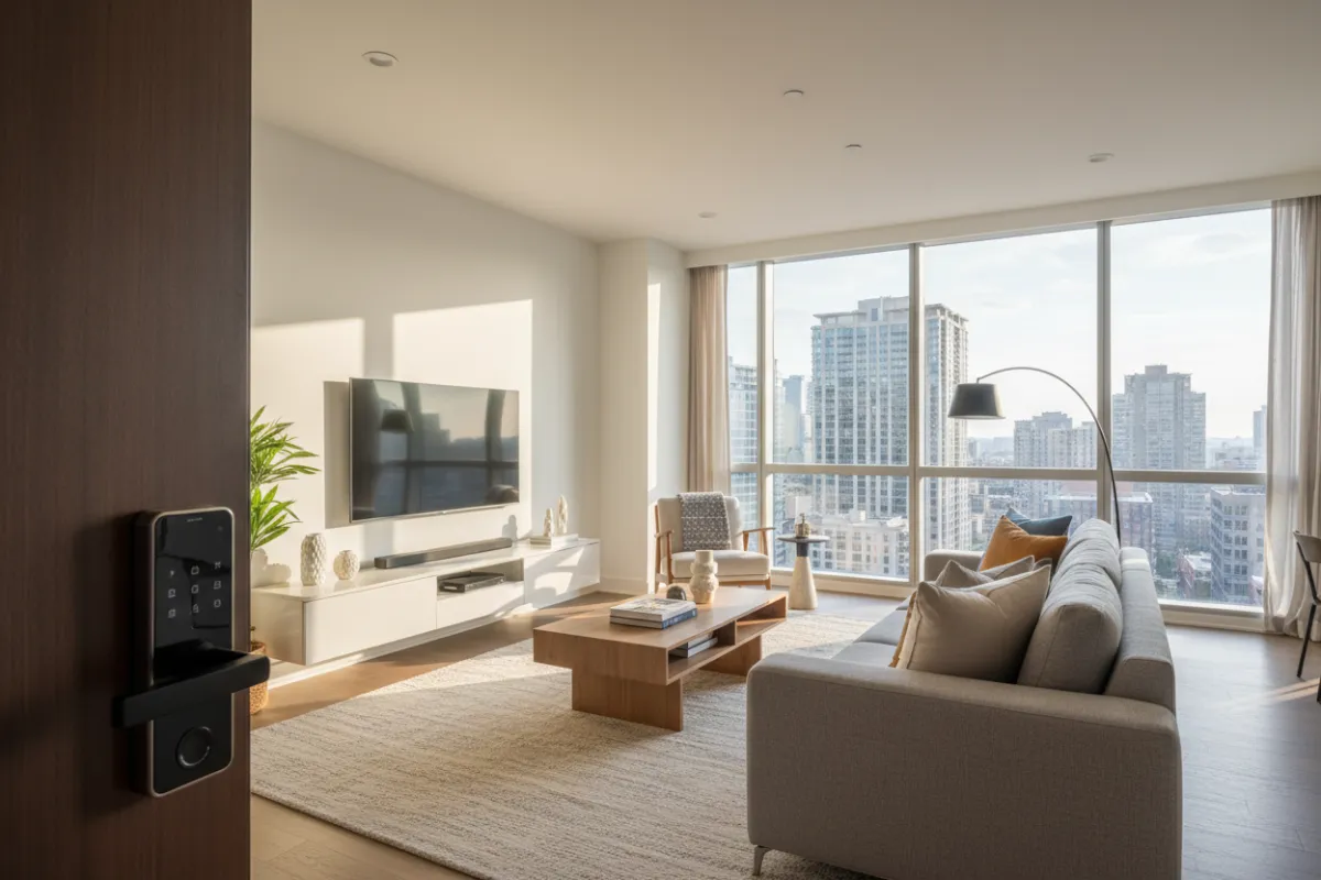 现代三室公寓客厅全景，展示 AstraLiving 改造后的高端空间与智能门锁。