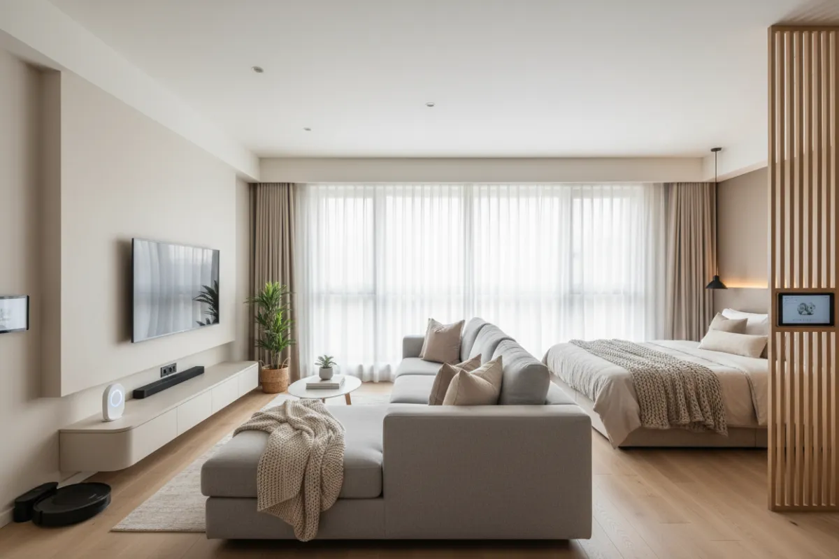 主题化样板间的宽景实拍,展示智能设备与温暖中性色调的室内布置。