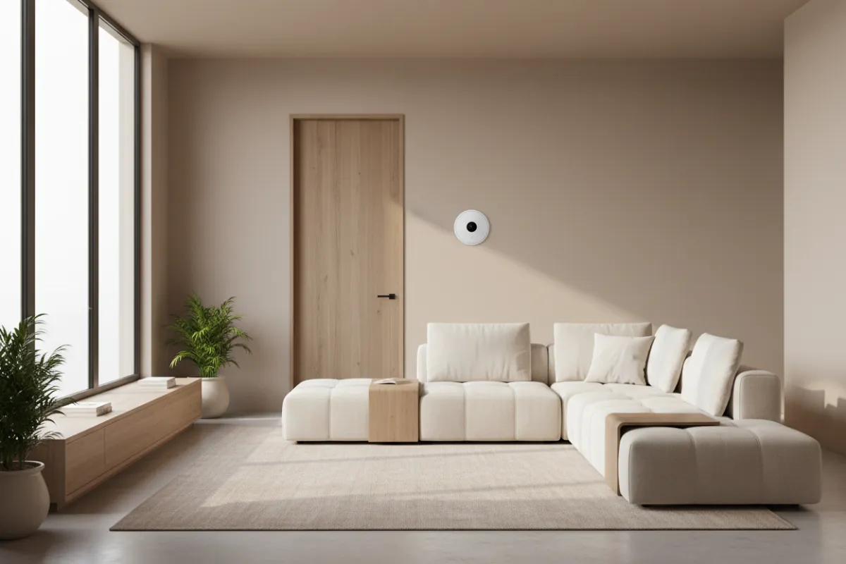 智能硬体赋能示意图,带有智能传感器的现代客厅一角