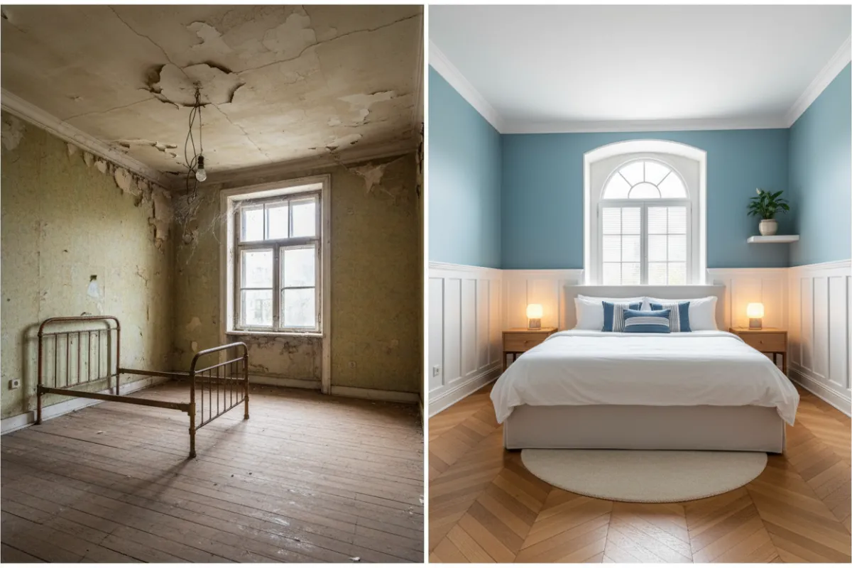 装修前后对比横图,展示翻新前后房间的明显差异。