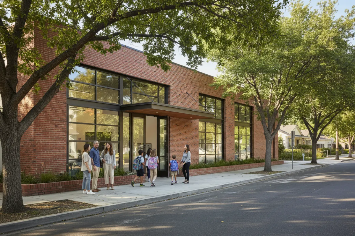 Pasadena studio, brick building, leafy suburban street, afternoon light, parents chatting, children with backpacks, 3:2 aspect ratio