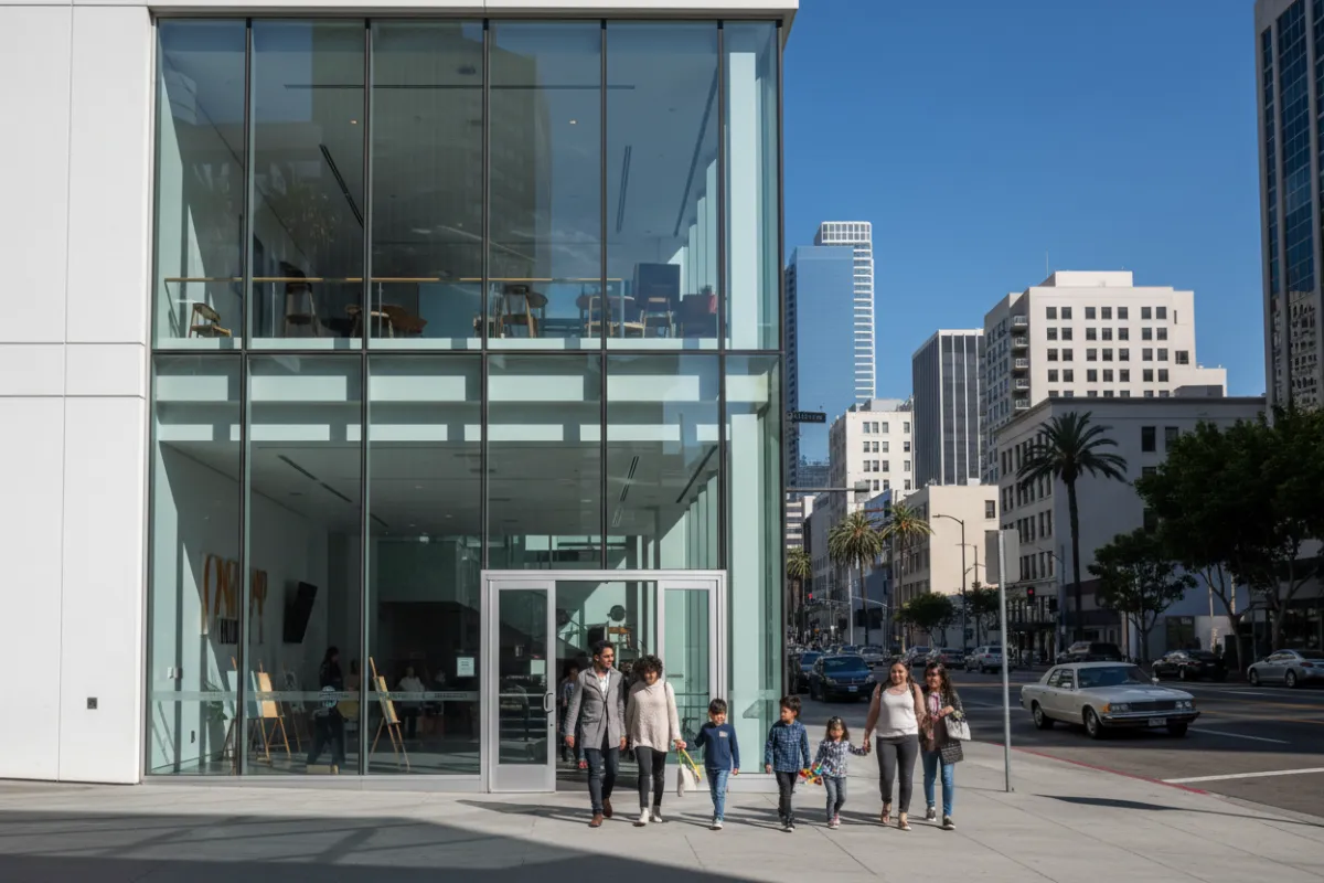 Los Angeles studio exterior, modern glass facade, city street, sunny day, diverse parents and children arriving, 3:2 aspect ratio
