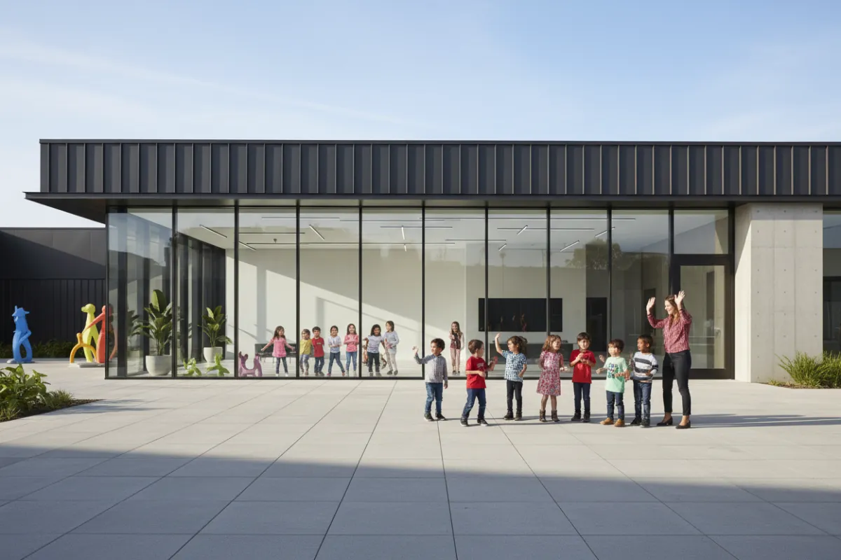 Torrance studio, sleek building, large windows, group of children laughing, parents waving, morning light, 3:2 aspect ratio