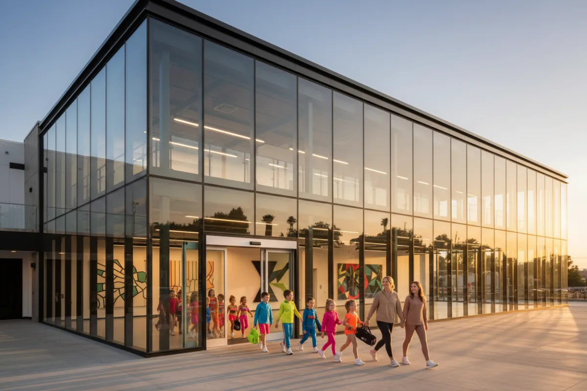 Tustin studio, glass and steel building, late afternoon, children in colorful outfits, parents holding hands, 3:2 aspect ratio