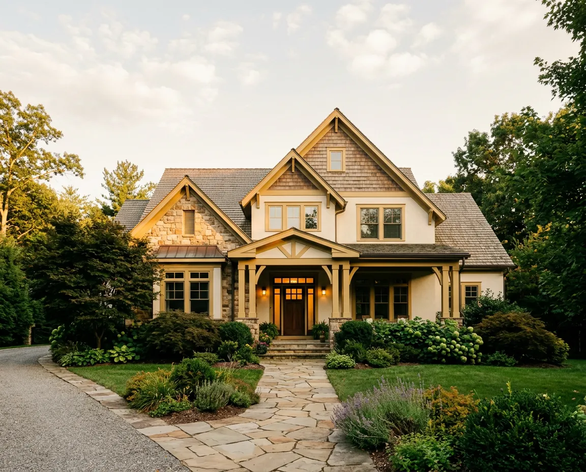 Peaceful residential family estate home in warm late afternoon sunlight