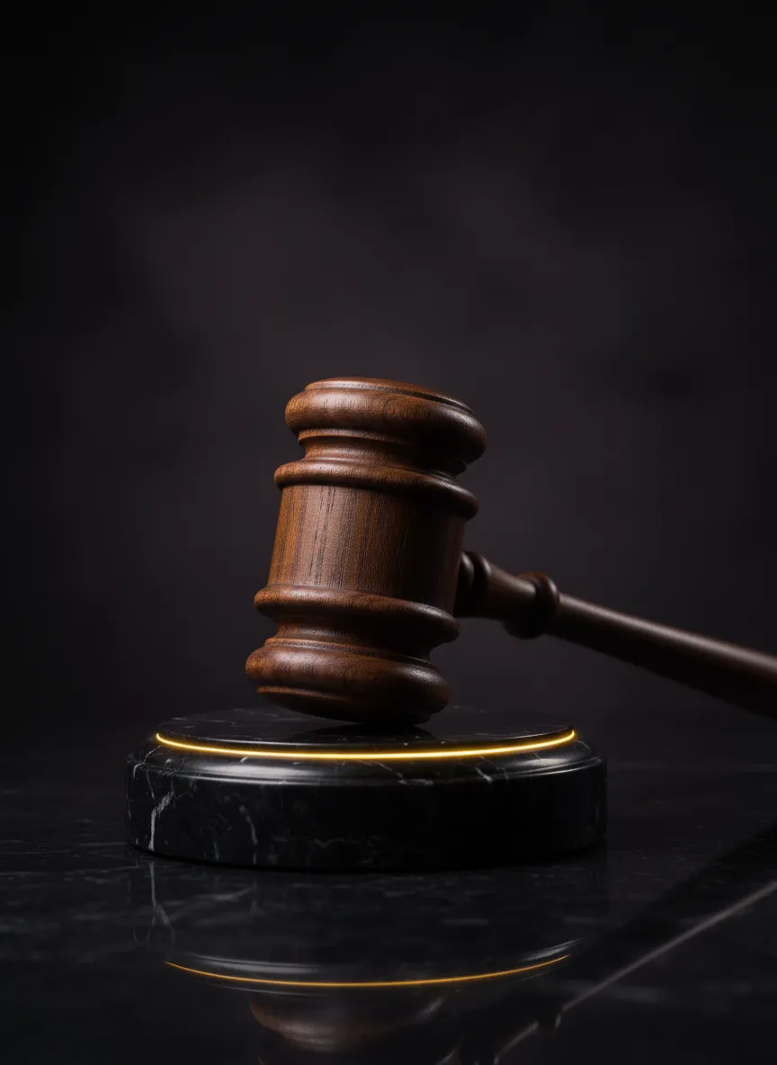 Silhouette of an elite attorney in a dark courtroom