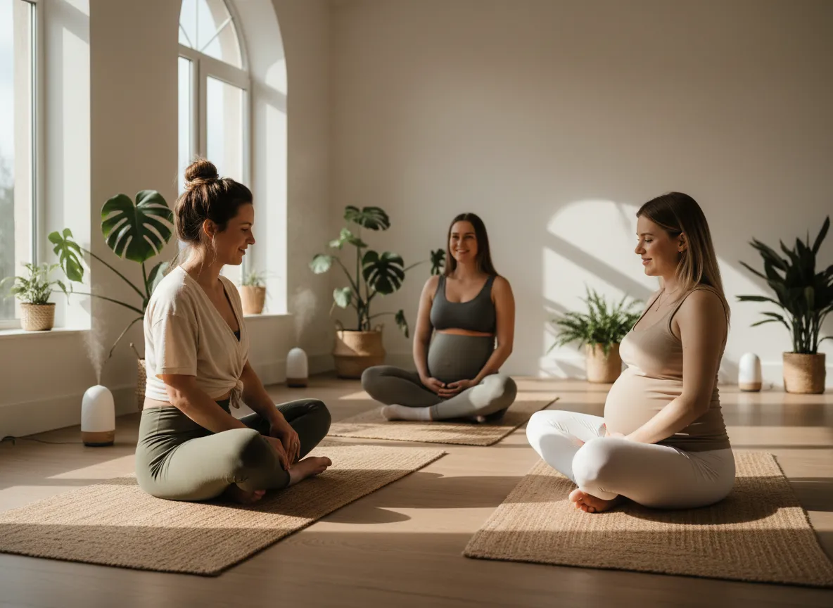 Pregnant women in a small prenatal yoga class with instructor