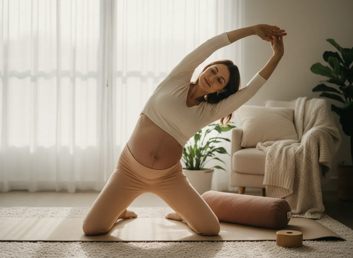 Pregnant woman practicing gentle prenatal yoga at home