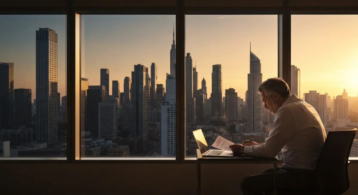Cinematic real estate campus visual: city skyline at dusk with property analysis in a premium office.