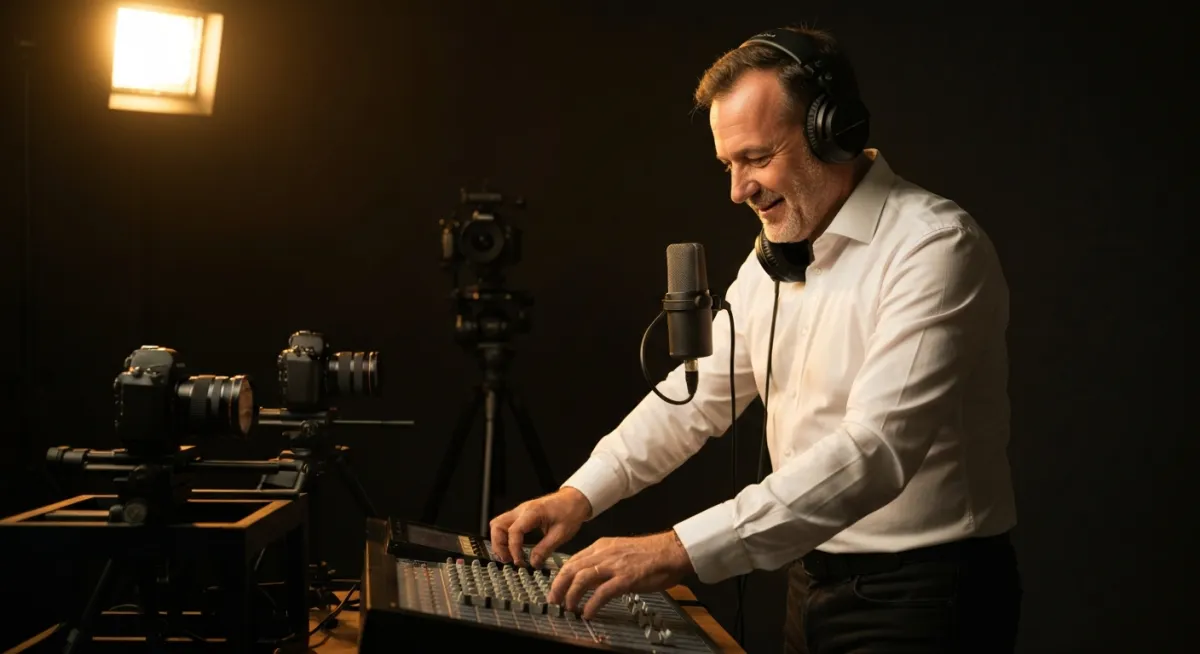 Cinematic music and content creation campus visual: dark studio with microphone, mixing console, and camera gear.