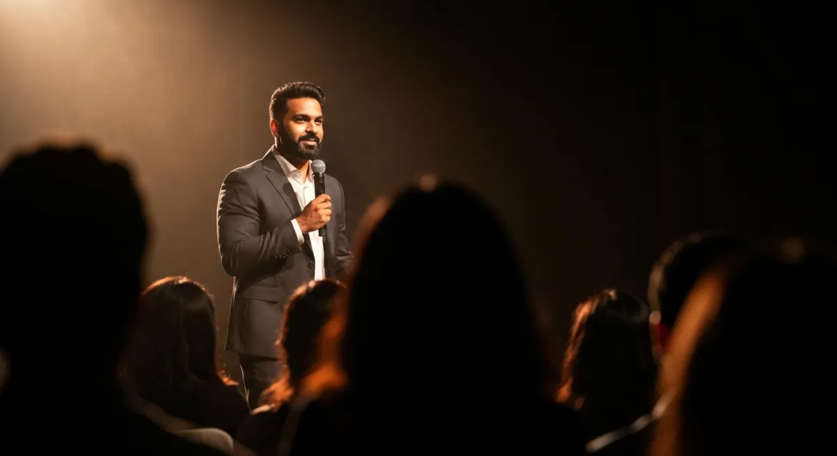 Cinematic communication and storytelling campus visual: confident speaker on stage under a spotlight.