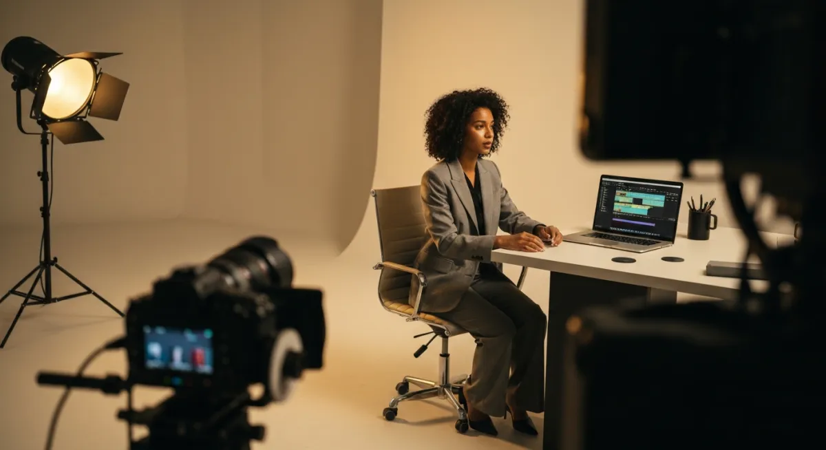 Cinematic media and personal brand campus visual: creator studio with camera rig and editing setup.