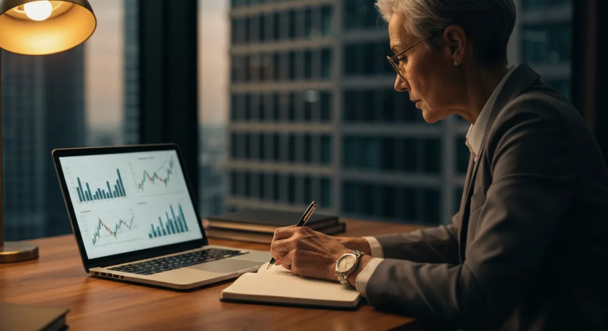 Cinematic financial thinking campus visual: high-status wealth planning scene with laptop and notebook.