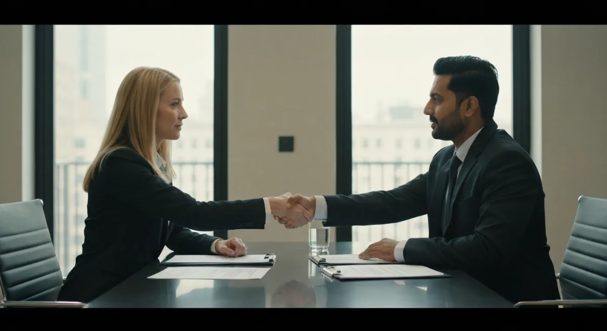 Cinematic sales and negotiation campus visual: handshake in a modern boardroom.